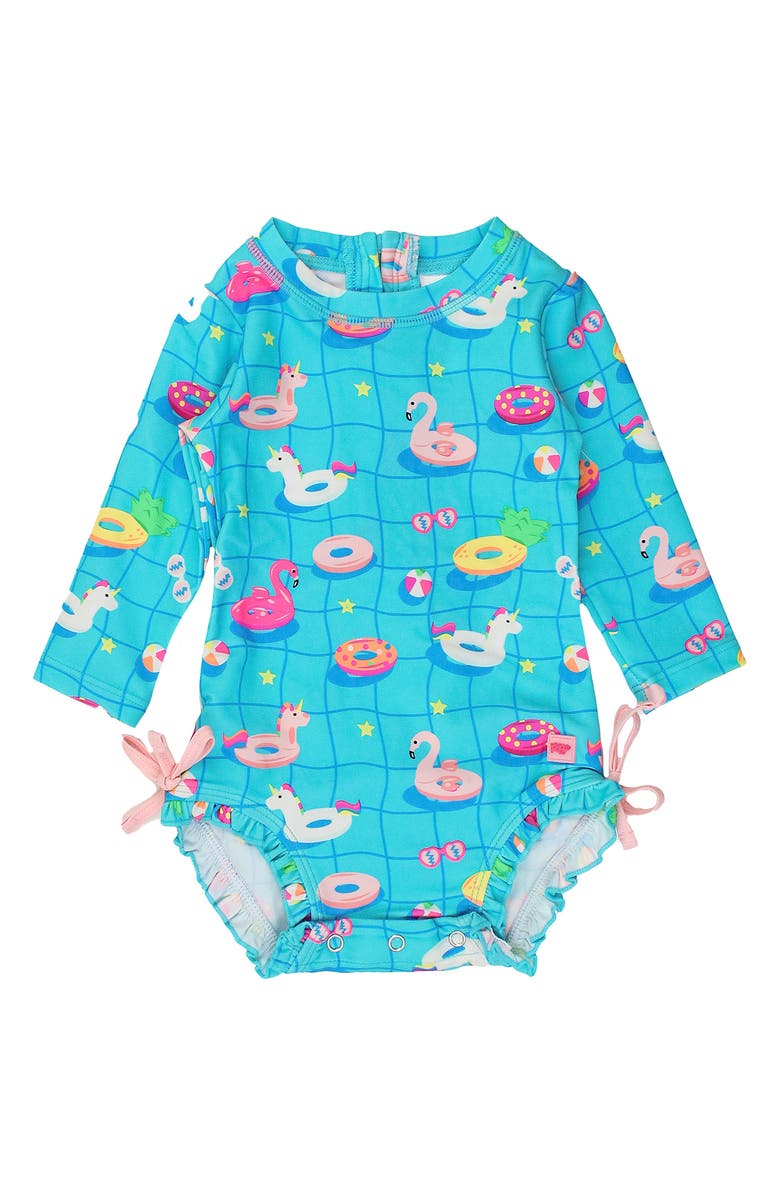 RuffleButts Kids' Neon Pool Party Long Sleeve One-Piece Swimsuit, Main, color, Blue
