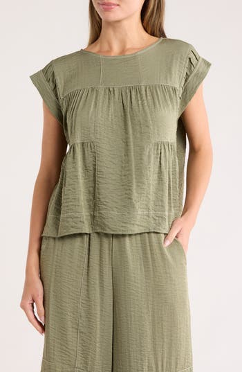 Adrianna Papell Crinkled Cap Sleeve Babydoll Crop Top In Green