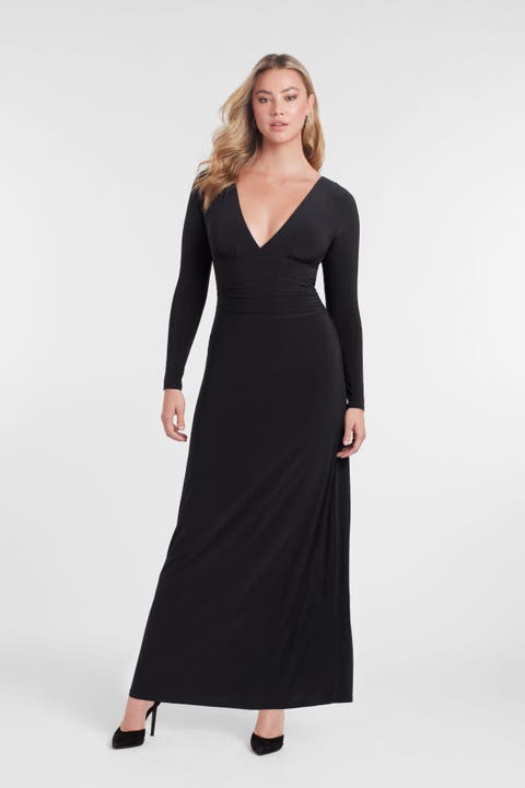Sculpting Shapewear Shirred V-Neck Long Sleeve Solid Maxi Dress