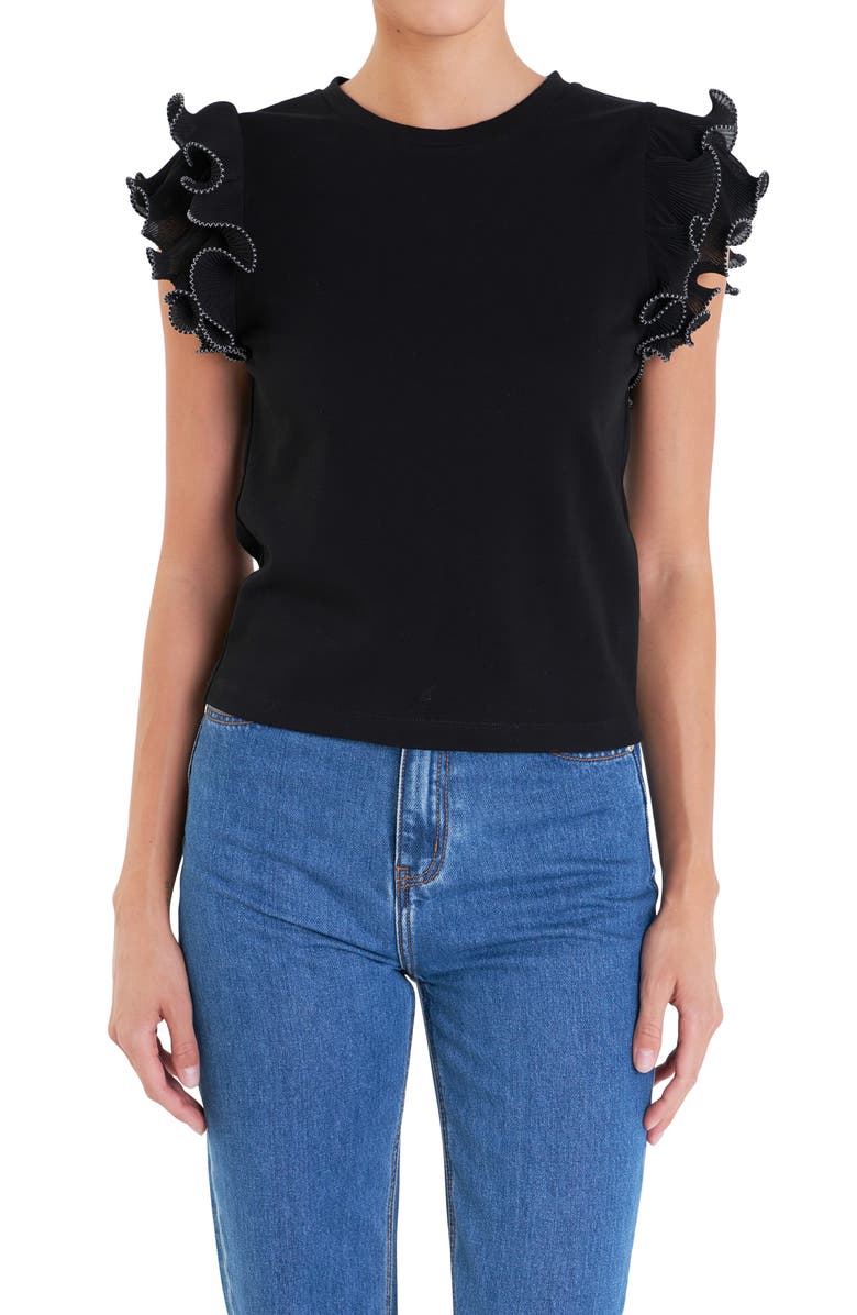 English Factory Mixed Media Ruffle Sleeve Top, Alternate, color, Black/ White