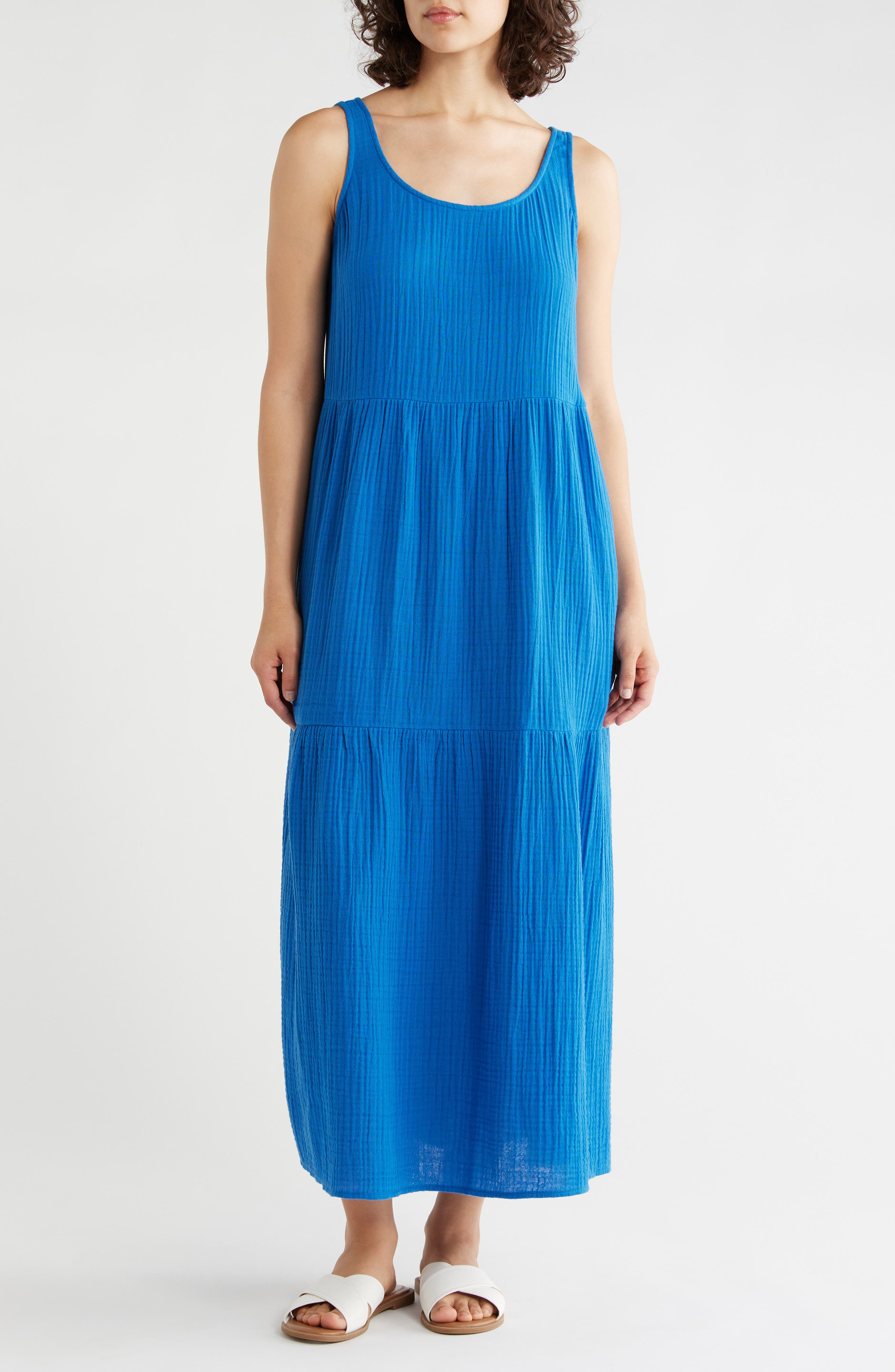 Eileen Fisher Sleeveless Organic Cotton Gauze Tiered Maxi Dress
