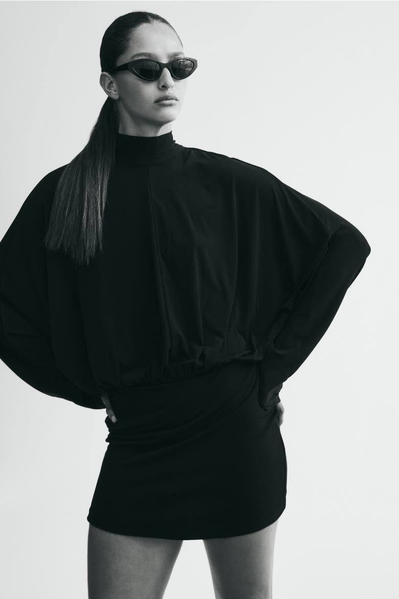 Batwing-sleeved Tie-detail Dress, Alternate, color, Black