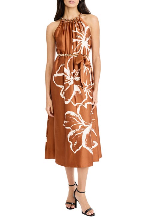 Floral Halter Neck Belted Midi Dress