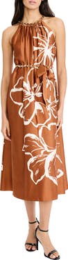 Maggy London Floral Halter Neck Belted Midi Dress