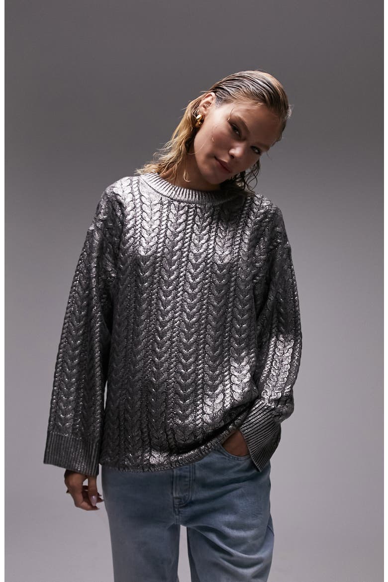 Metallic Cable Stitch Sweater, Main, color, SILVER