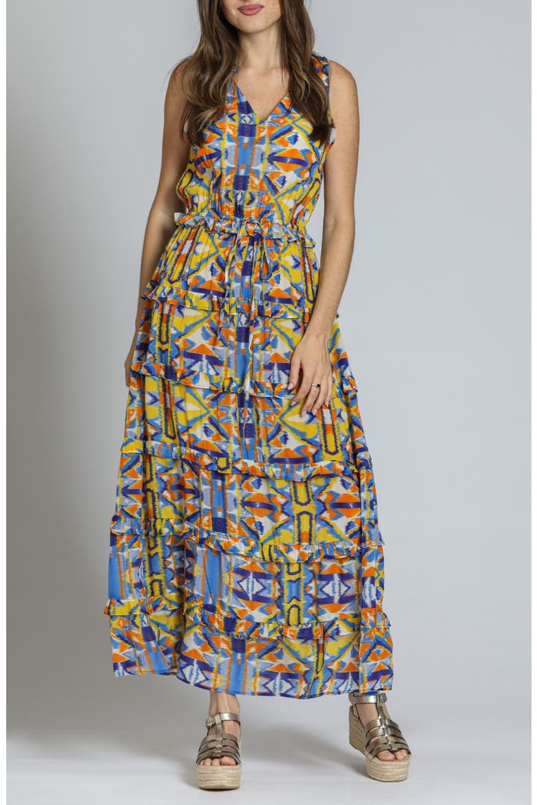 Batik Print Sleeveless Tiered Maxi Dress, Main, color, YELLOW MULTI