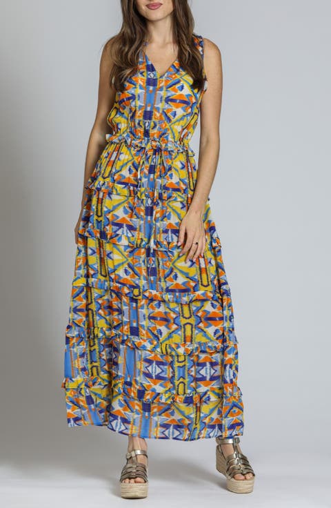 Batik Print Sleeveless Tiered Maxi Dress