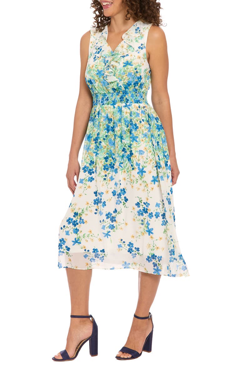 London Times Floral Sleeveless Empire Waist Chiffon Midi Dress, Alternate, color, White/ Blue