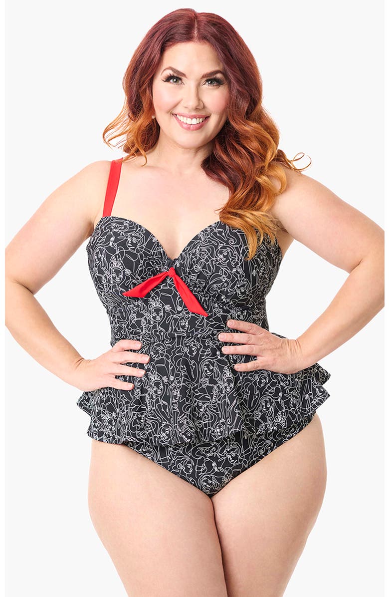 Unique Vintage Plus Size Peplum Solana Tankini Swim Top, Main, color, Black Princess Print
