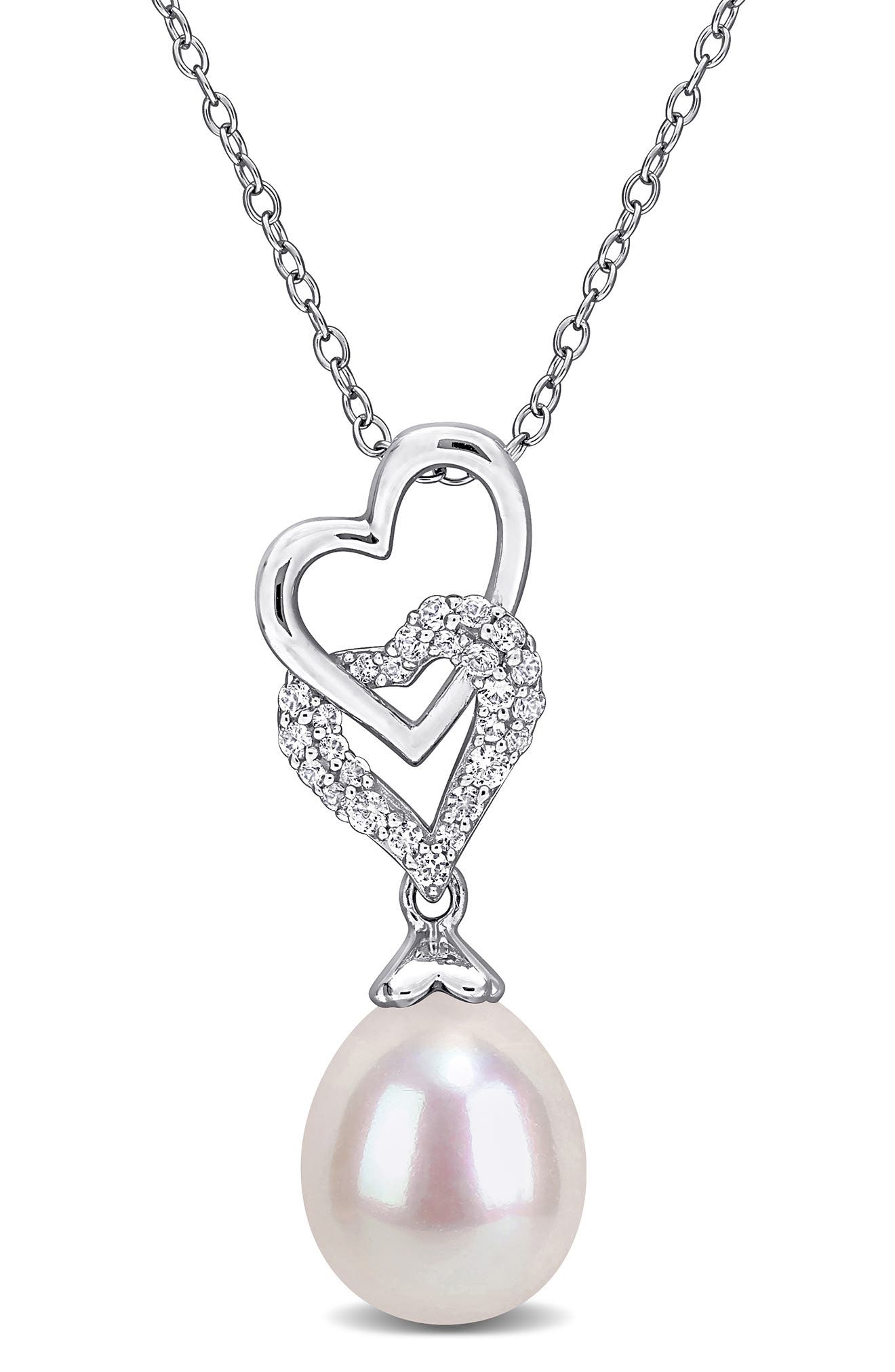 Sterling Silver Lab Created White Sapphire & Pearl Heart Pendant Necklace