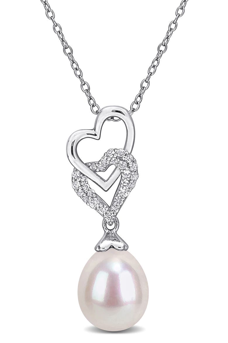 Sterling Silver Lab Created White Sapphire & Pearl Heart Pendant Necklace, Main, color, WHITE GOLD