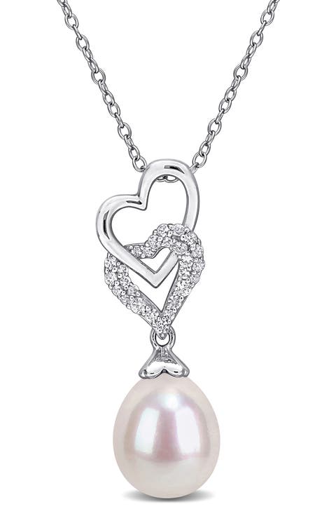 Sterling Silver Lab Created White Sapphire & Pearl Heart Pendant Necklace