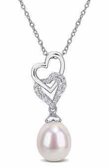 Sterling Silver Lab Created White Sapphire & Pearl Heart Pendant Necklace