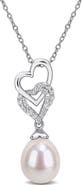 DELMAR Sterling Silver Lab Created White Sapphire & Pearl Heart Pendant Necklace