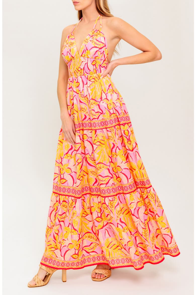 Tropical Print Halter Maxi Dress, Alternate, color, PINK/ MUSTARD