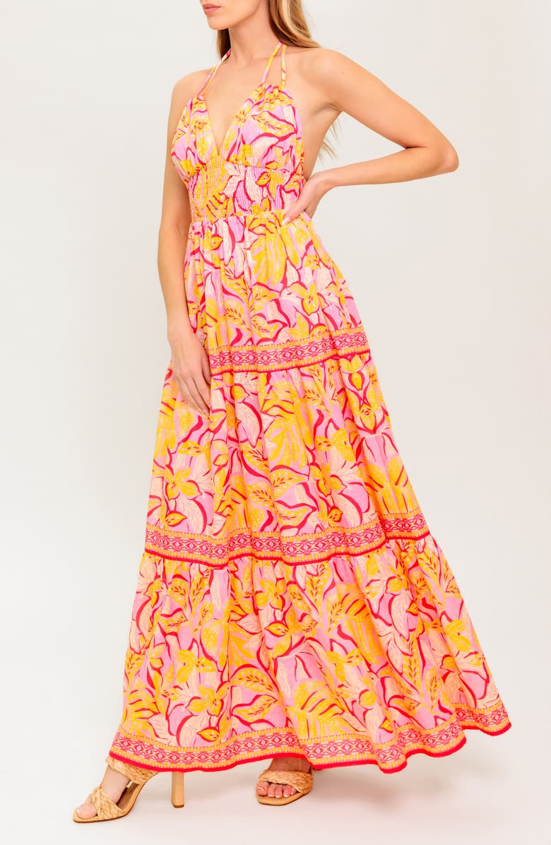 FLYING TOMATO Tropical Print Halter Maxi Dress, Alternate, color, Pink/ Mustard