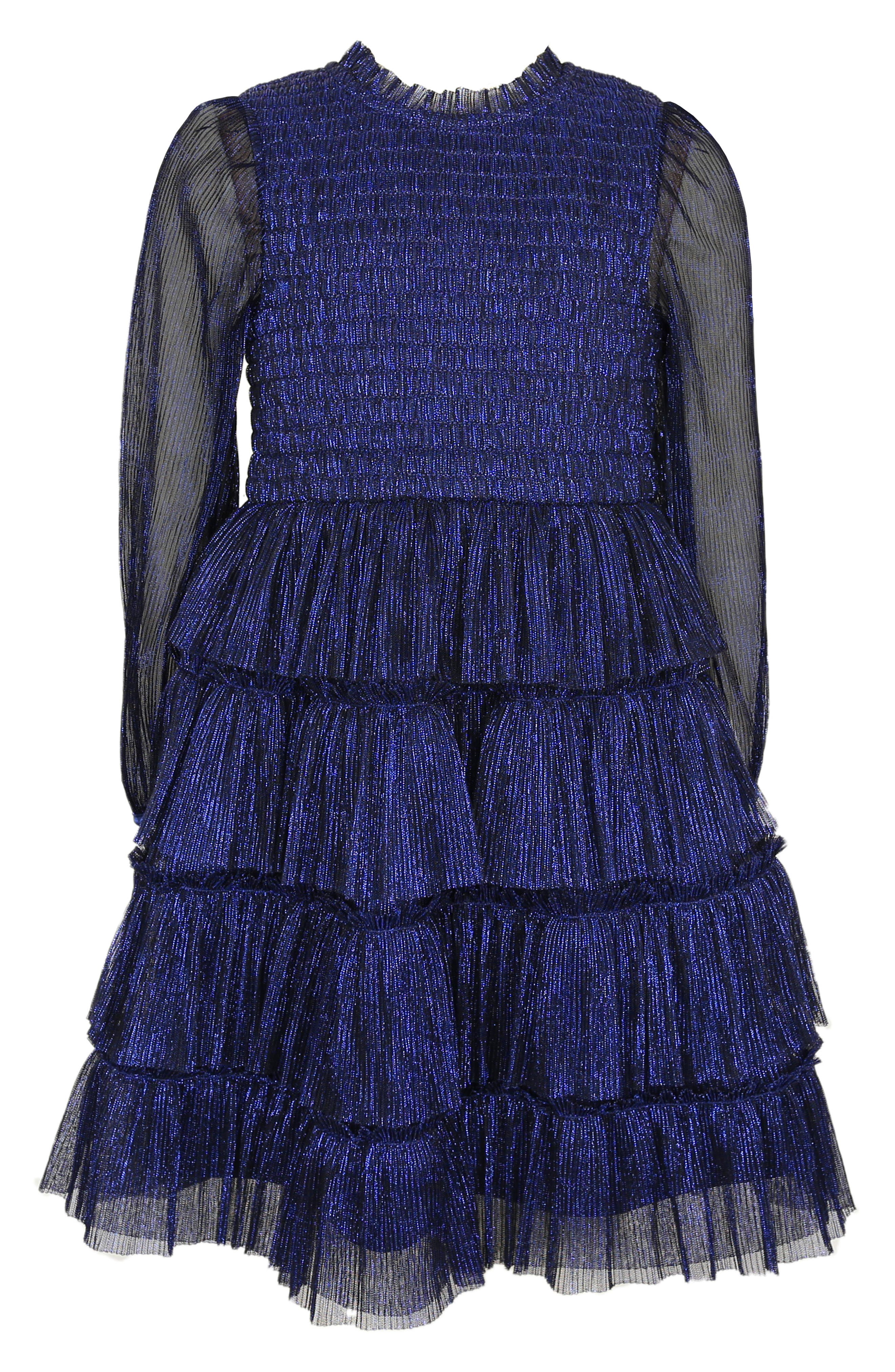 Zunie Kids' Metallic Plissé Long Sleeve Tiered Party Dress