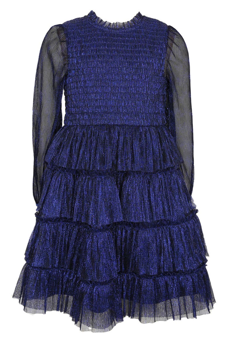 Kids' Metallic Plissé Long Sleeve Tiered Party Dress, Main, color, NAVY