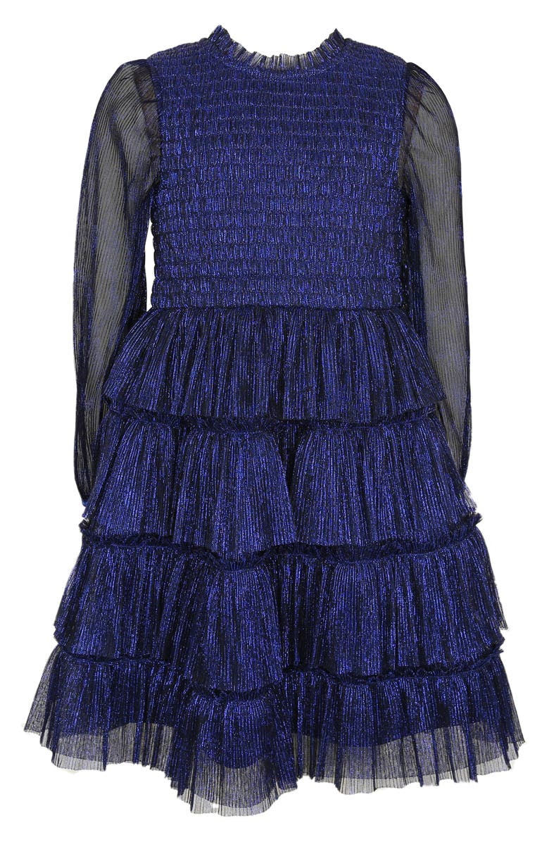 Zunie Kids' Metallic Plissé Long Sleeve Tiered Party Dress, Main, color, Navy