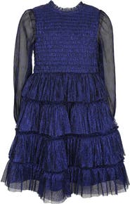 Zunie Kids' Metallic Plissé Long Sleeve Tiered Party Dress