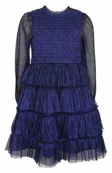 Zunie Kids' Metallic Plissé Long Sleeve Tiered Party Dress