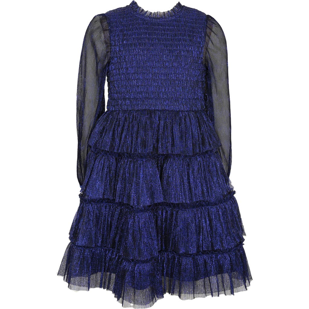 Zunie Kids' Metallic Plissé Long Sleeve Tiered Party Dress In Blue