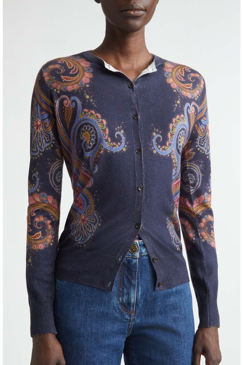 Floral Paisley Silk & Cashmere Cardigan, Alternate, color, PRINT ON BLUE BASE