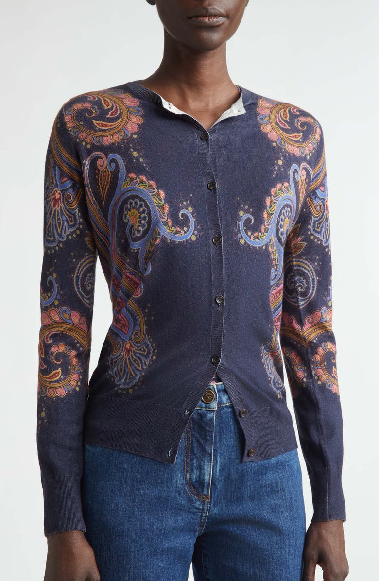 Etro Floral Paisley Silk & Cashmere Cardigan, Alternate, color, Print On Blue Base