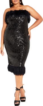 City Chic Feather Trim Sequin Strapless Dress