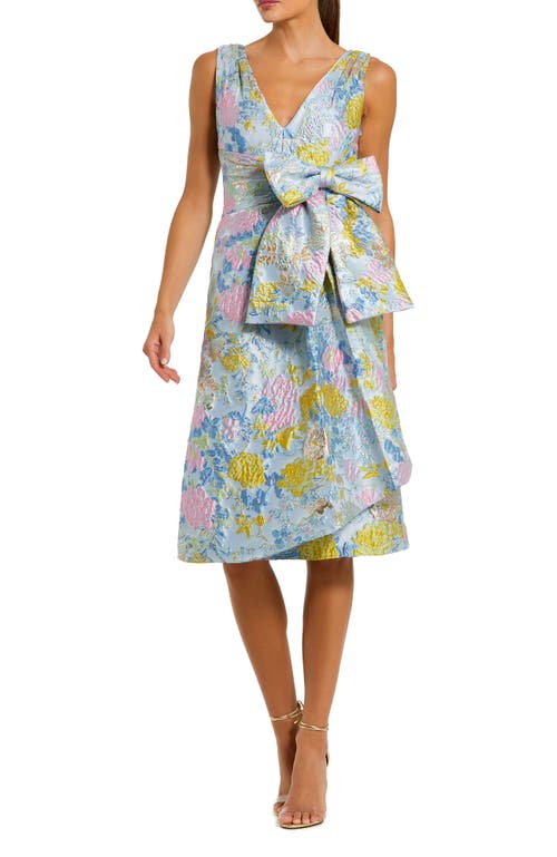 Mac Duggal Floral Brocade Sleeveless Midi Dress With Bow In Blue Multi
