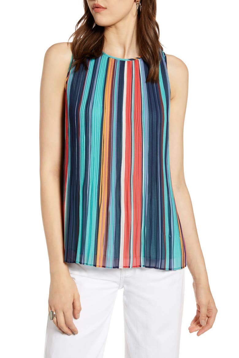 Pleated Top, Main, color, NAVY MULTI STRIPE