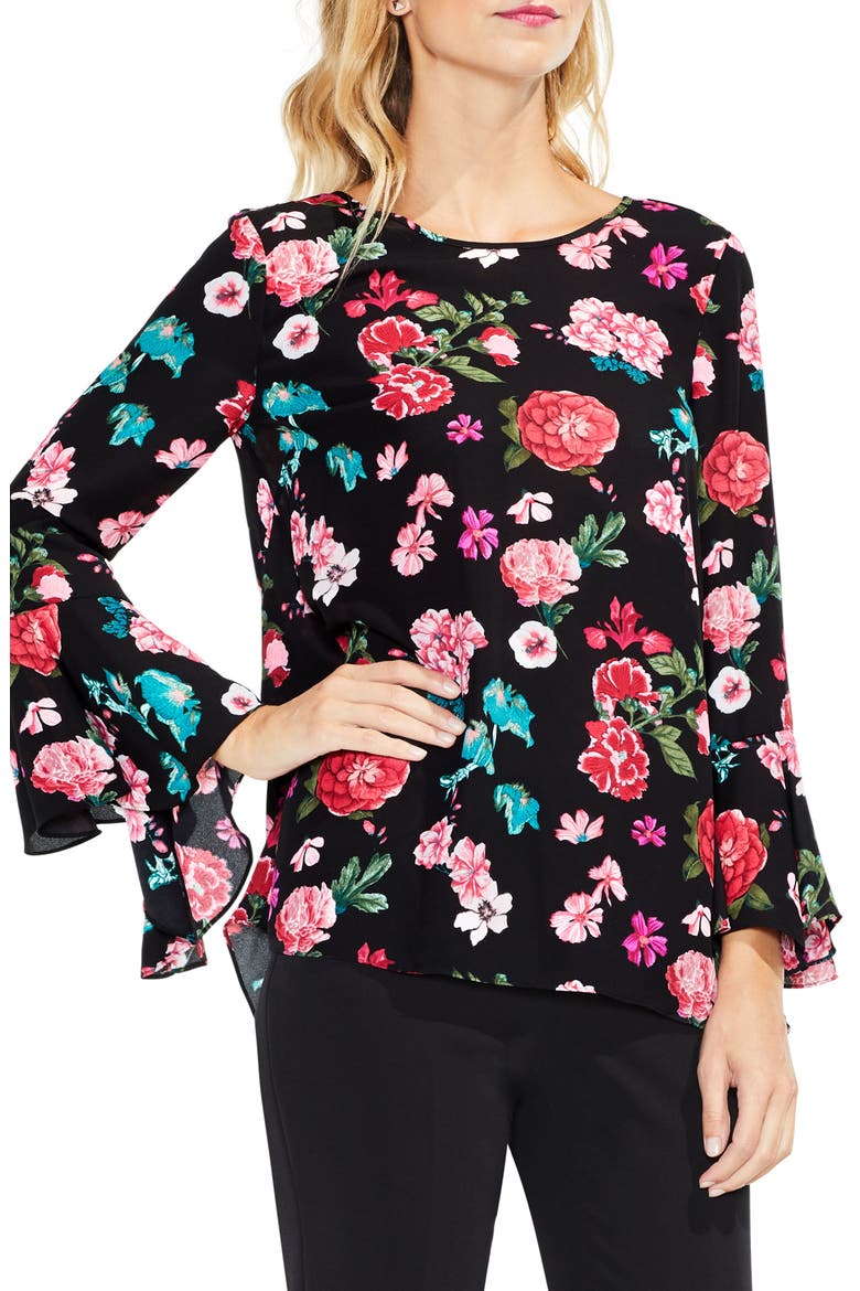 Floral Heirloom Bell Sleeve Top, Main, color, RICH BLACK