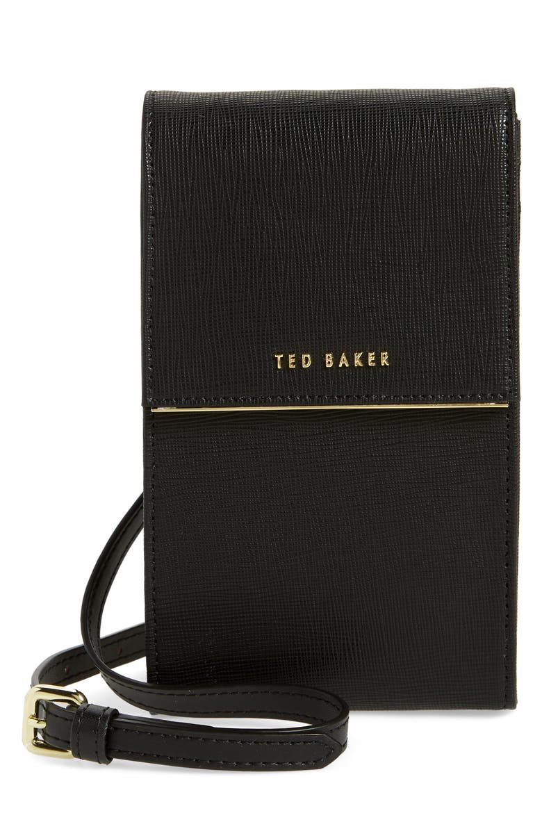 Geriee Saffiano Leather Phone Crossbody Bag, Main, color, BLACK
