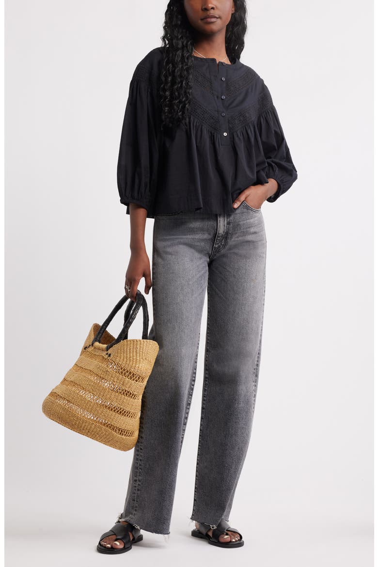 Lace Inset Woven Shirt, Alternate, color, BLACK
