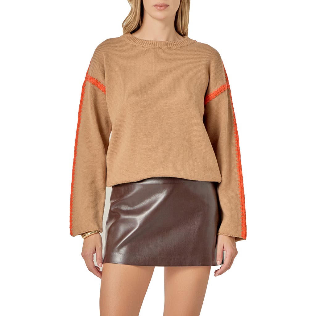 English Factory Stitch Detail Relaxed Fit Cotton Sweater In Brown