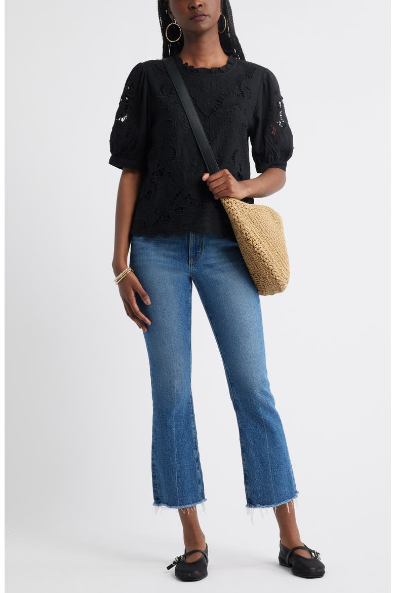 Embroidered Cutwork Puff Sleeve Linen Blend Top, Alternate, color, BLACK
