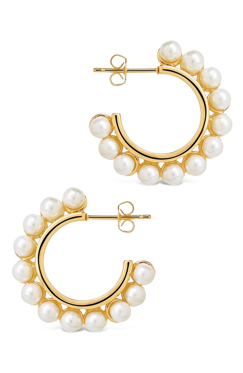Sterling Forever Imitation Pearl Hoop Earrings, Alternate, color, Gold