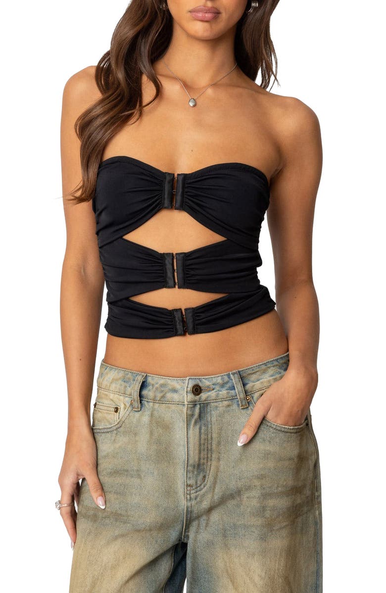 EDIKTED Ariella Cutout Strapless Top, Main, color, Black