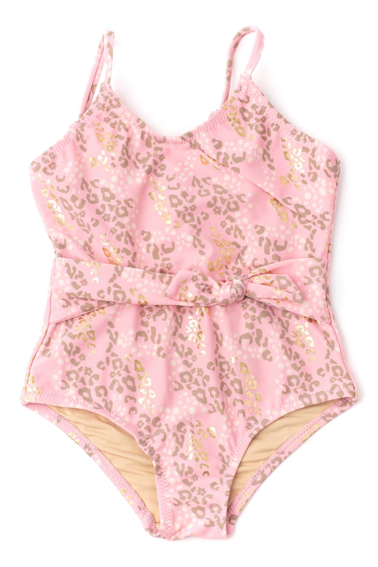 Kids' Leopard Spots Faux Wrap One-Piece Swimsuit, Main, color, PINK
