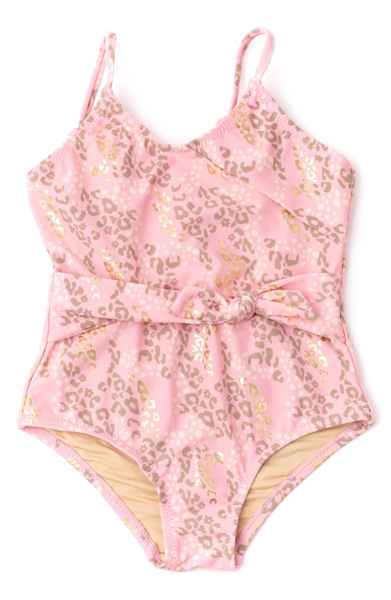 Shade Critters Kids' Leopard Spots Faux Wrap One-Piece Swimsuit, Main, color, Pink