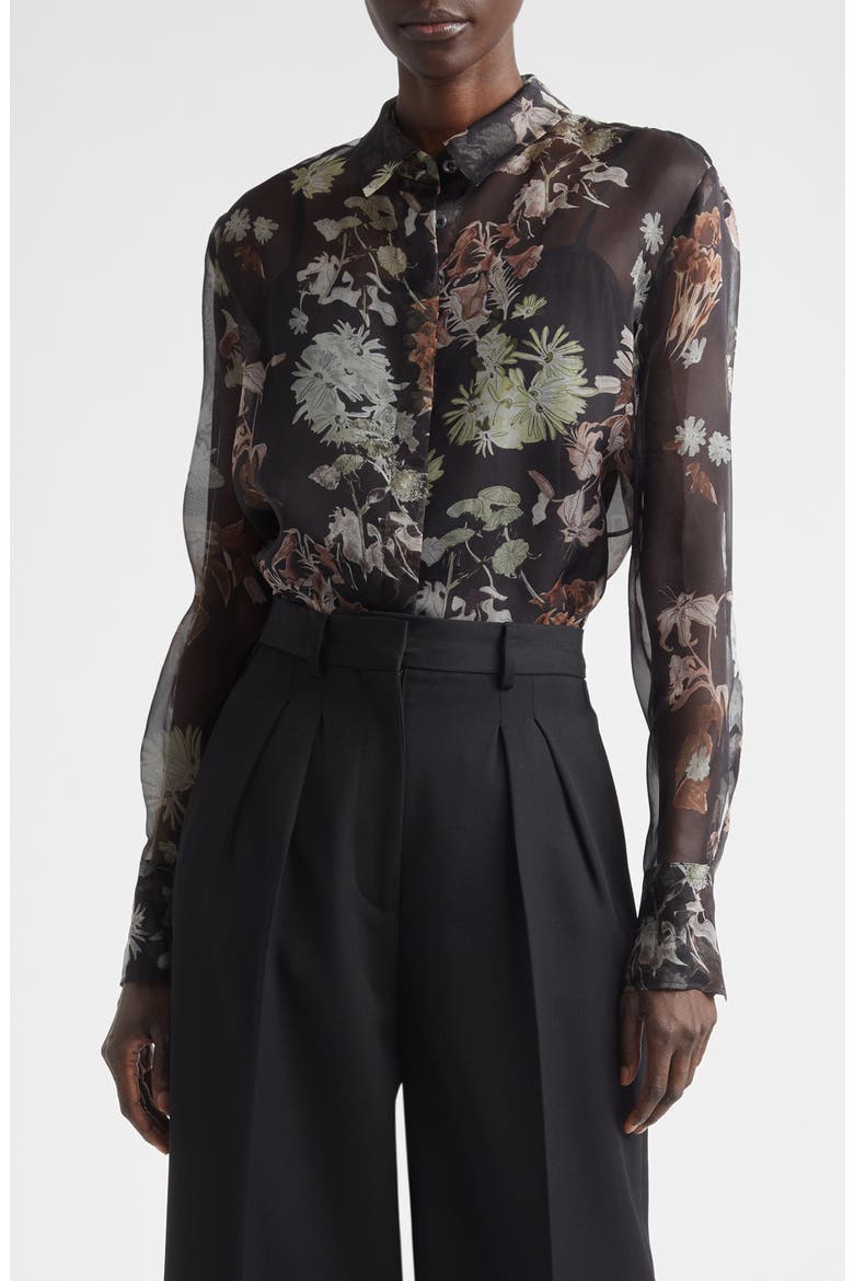 Chika Floral Print Sheer Silk Organza Button-Up Shirt, Main, color, BLACK FLOWERS