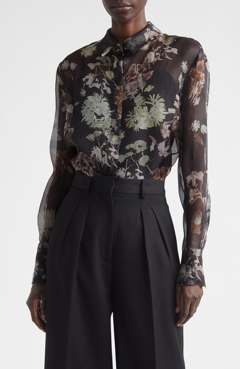 Altuzarra Chika Floral Print Sheer Silk Organza Button-Up Shirt, Main, color, Black Flowers