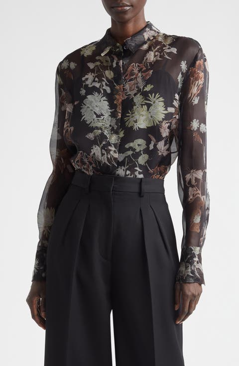 Chika Floral Print Sheer Silk Organza Button-Up Shirt