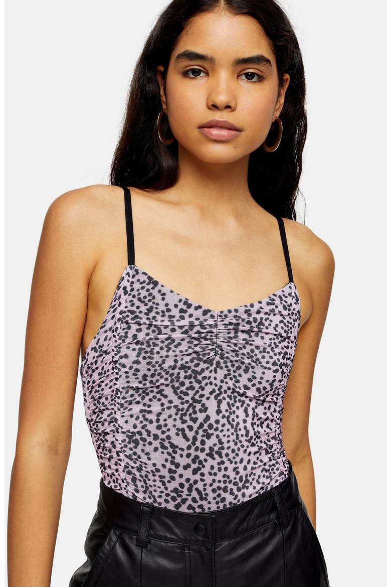 Ruched Spot Print Bodysuit, Alternate, color, BLACK MULTI