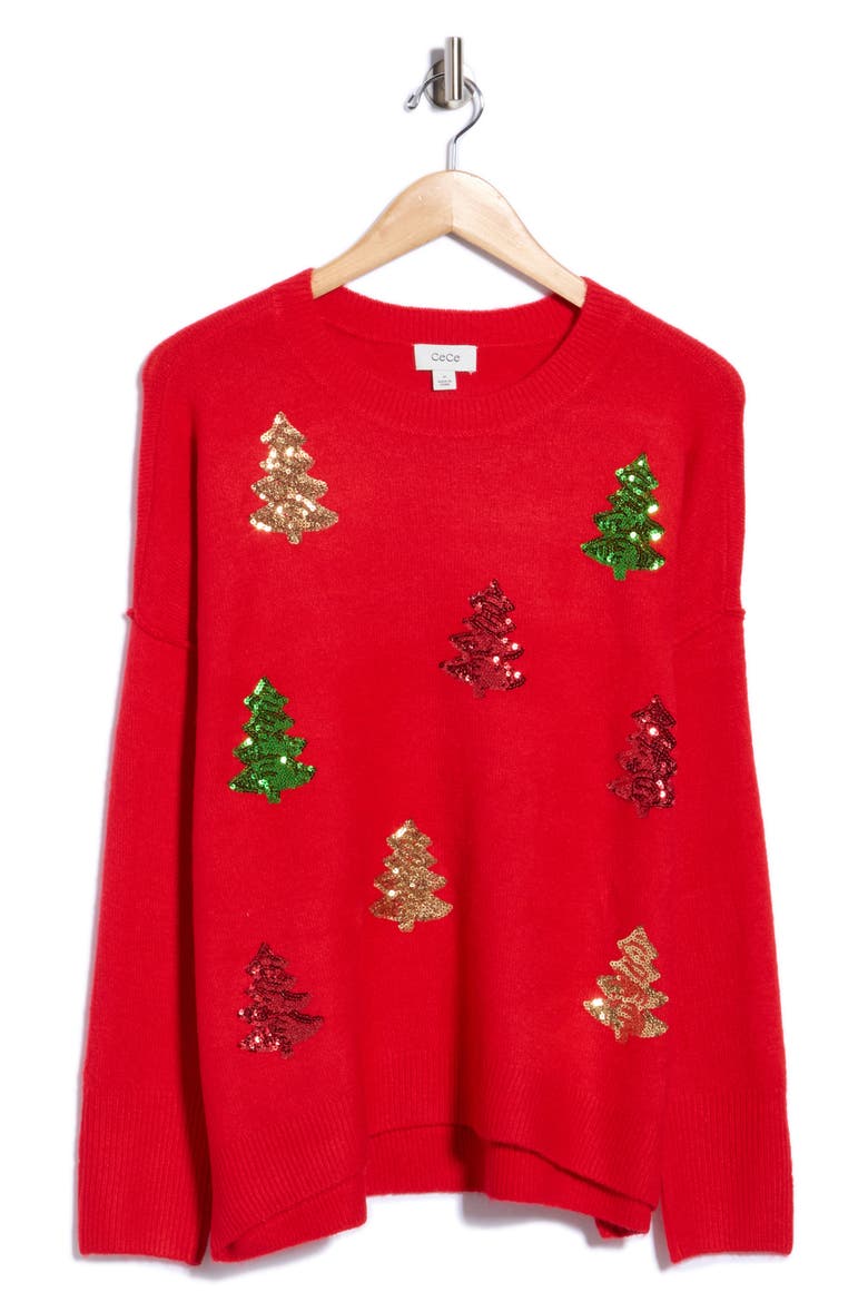 Sequin Christmas Tree Crewneck Sweater, Main, color, BRIGHT CHERRY