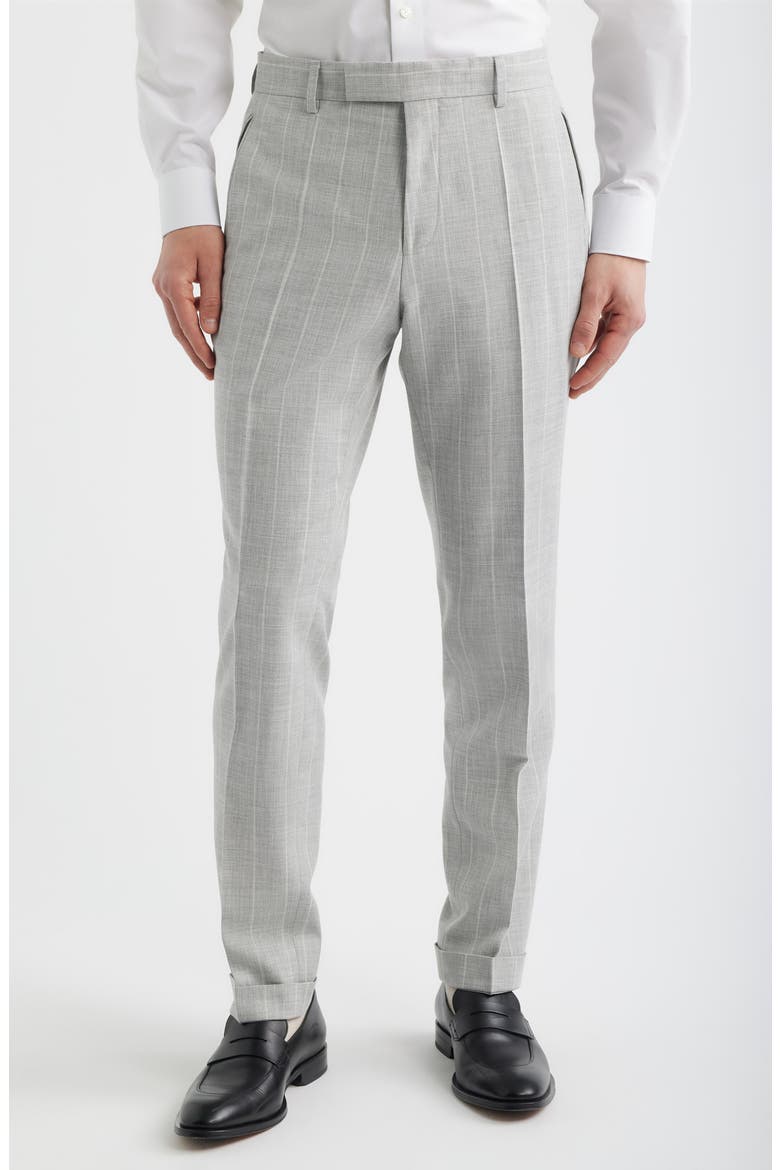 Huge Slim Fit Light Grey Stripe Peak Lapel Cotton & Wool Suit, Alternate, color, OPEN GREY