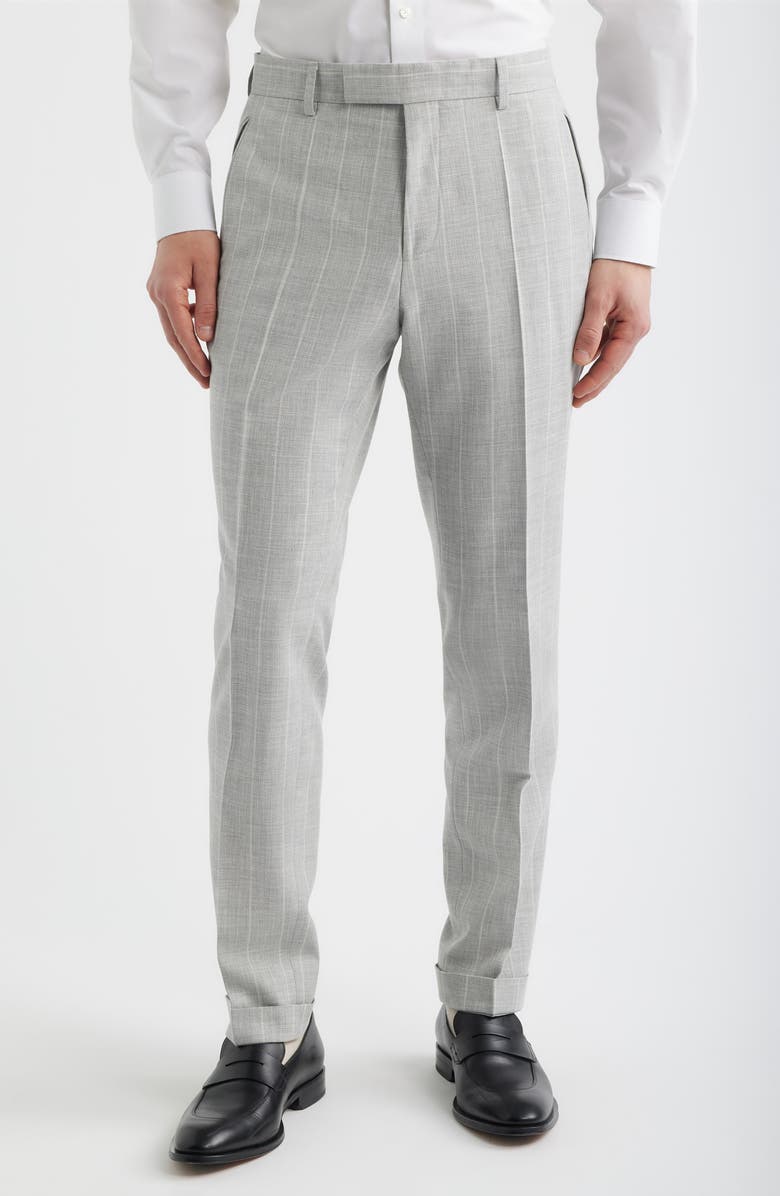 BOSS Huge Slim Fit Light Grey Stripe Peak Lapel Cotton & Wool Suit, Alternate, color, Open Grey