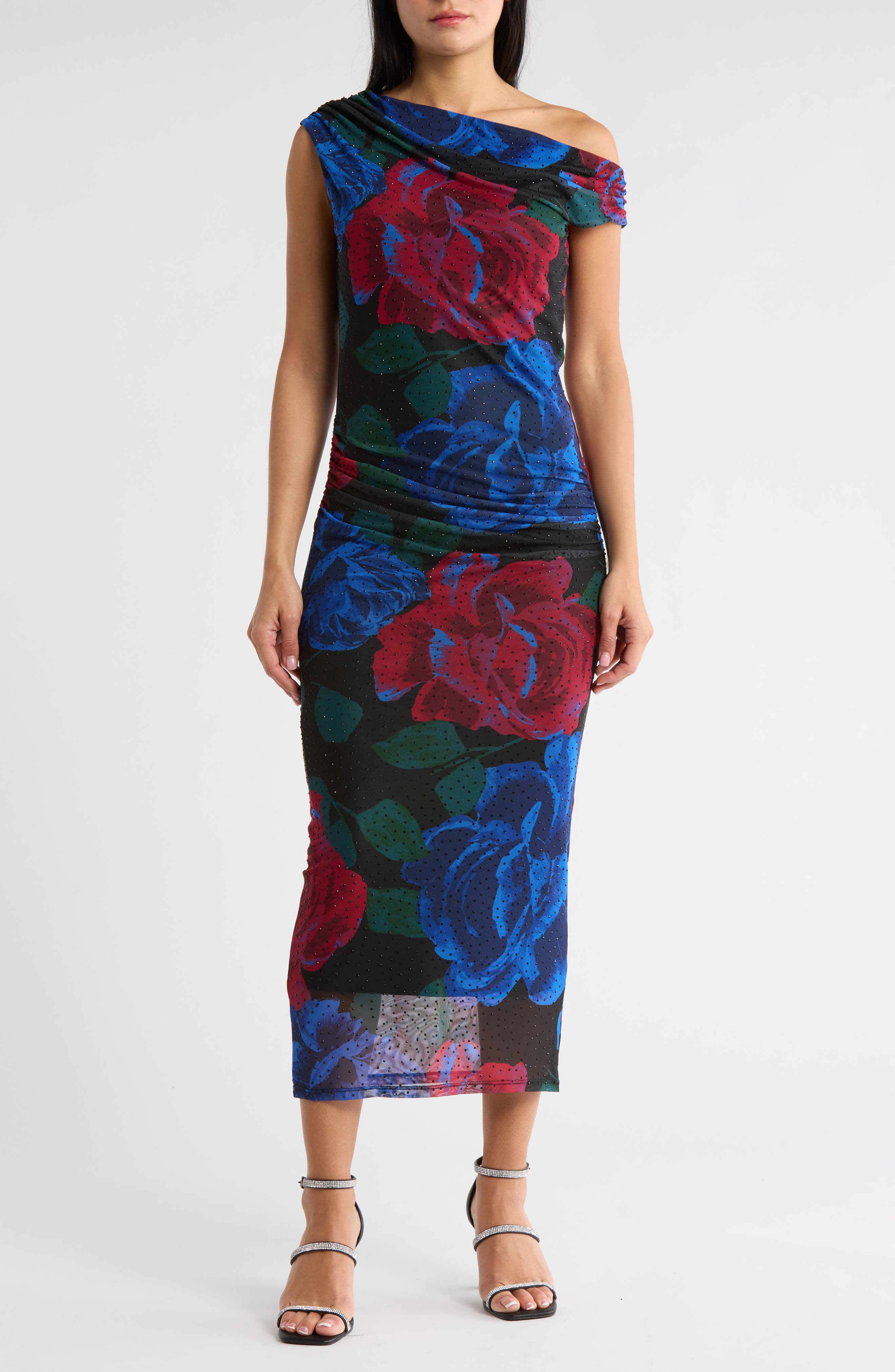 AFRM LOS ANGELES Aurelie Draped One-Shoulder Embellished Mesh Midi Dress