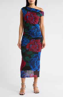 AFRM LOS ANGELES Aurelie Draped One-Shoulder Embellished Mesh Midi Dress