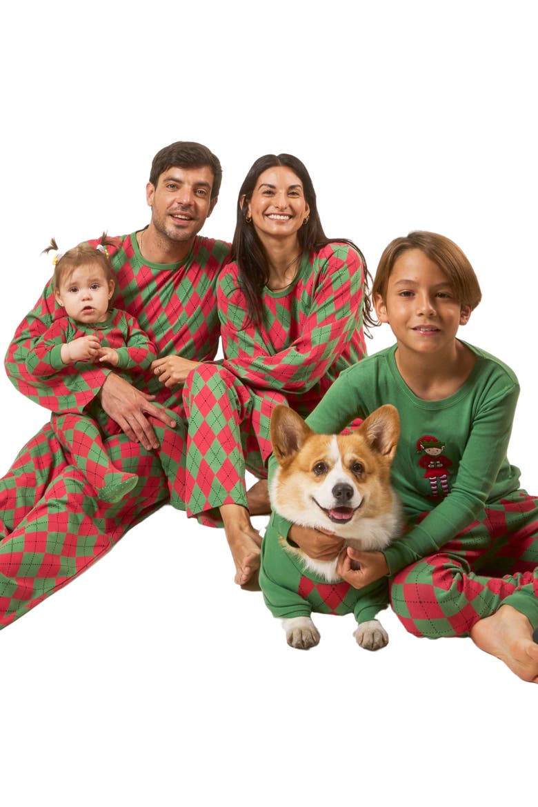 Kids Footed Printed Cotton Matching Family Holiday Pajamas, Argyles & Holiday Prints, Alternate, color, Argyle Red & Green